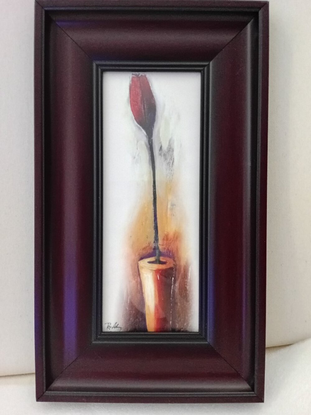 Single Red Rose Print In Dark Brown Wood Frame